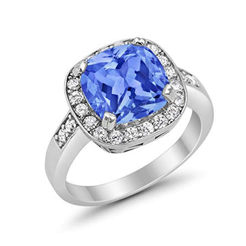 Halo Simulated Tanzanite CZ Wedding Ring Cushion Cut 925 Sterling Silver